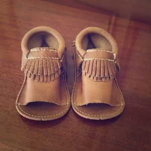 First Steps fringed open-toe leather moccasin
